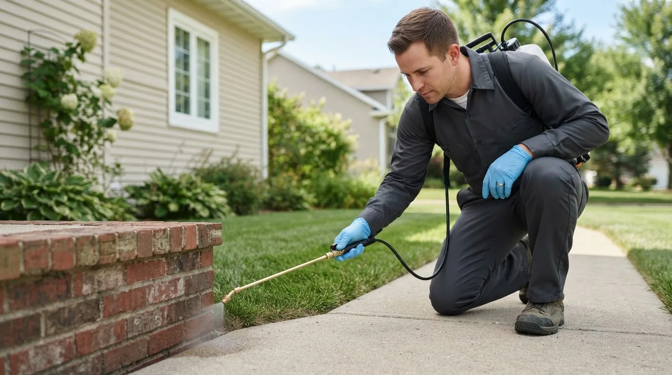 Pest control technician treating a home near Levittown, NY