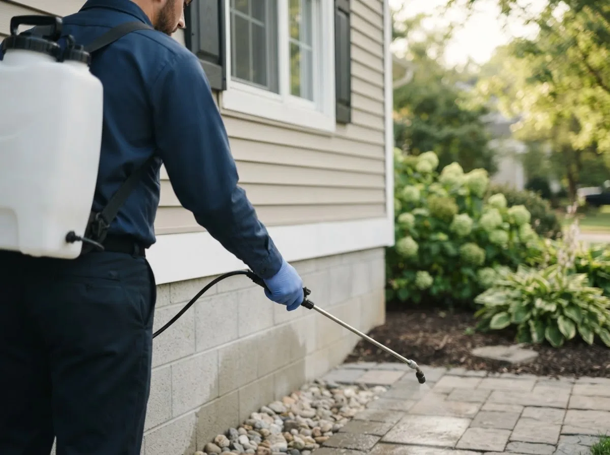 Pest control technician inspecting a home in Levittown, NY